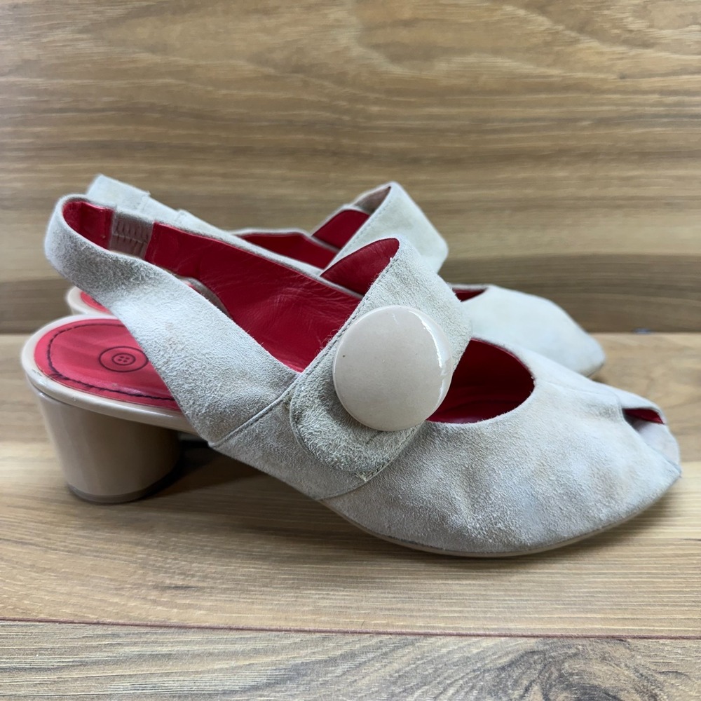 Pas De Rouge Retro Slingback Heels Womens 8 EU 38 Beige Suede Button Peep Toe